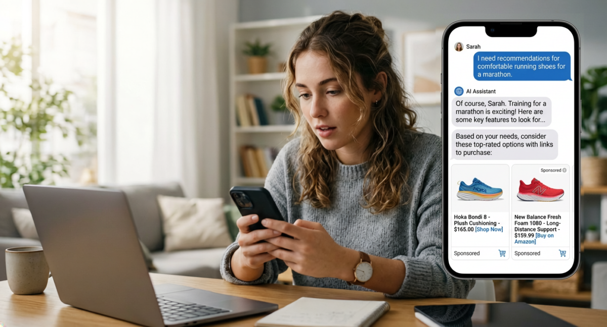 oman using her smartphone at a desk while an AI shopping assistant on-screen recommends marathon running shoes with sponsored product listings.