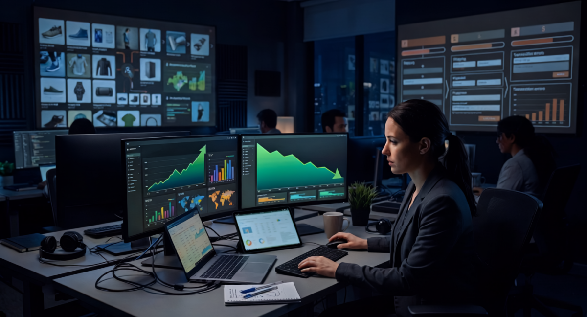 Professional working at multiple monitors in a dark analytics office, reviewing ecommerce dashboards, search performance charts, and conversion control data displayed on large screens.