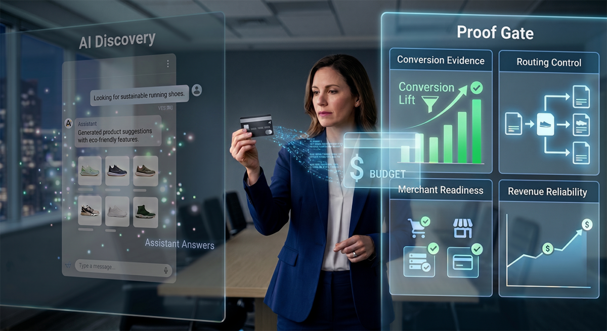 A business leader evaluates AI discovery spend as generative AI product recommendations move through proof gates for conversion evidence, routing control, merchant readiness, and revenue reliability.