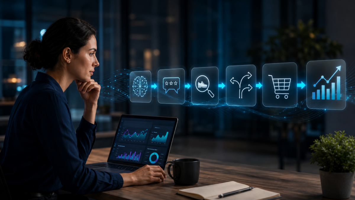 Marketing leader reviewing an AI-powered discovery-to-conversion journey showing recommendation, product evaluation, routing, cart action, and performance measurement.